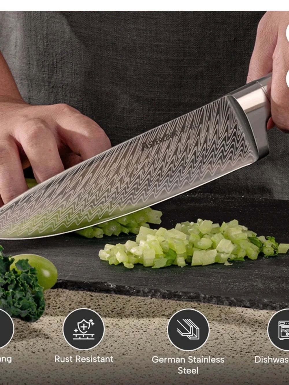 AsterCook 12-Piece Silver Knife Set with Brown Wooden Block